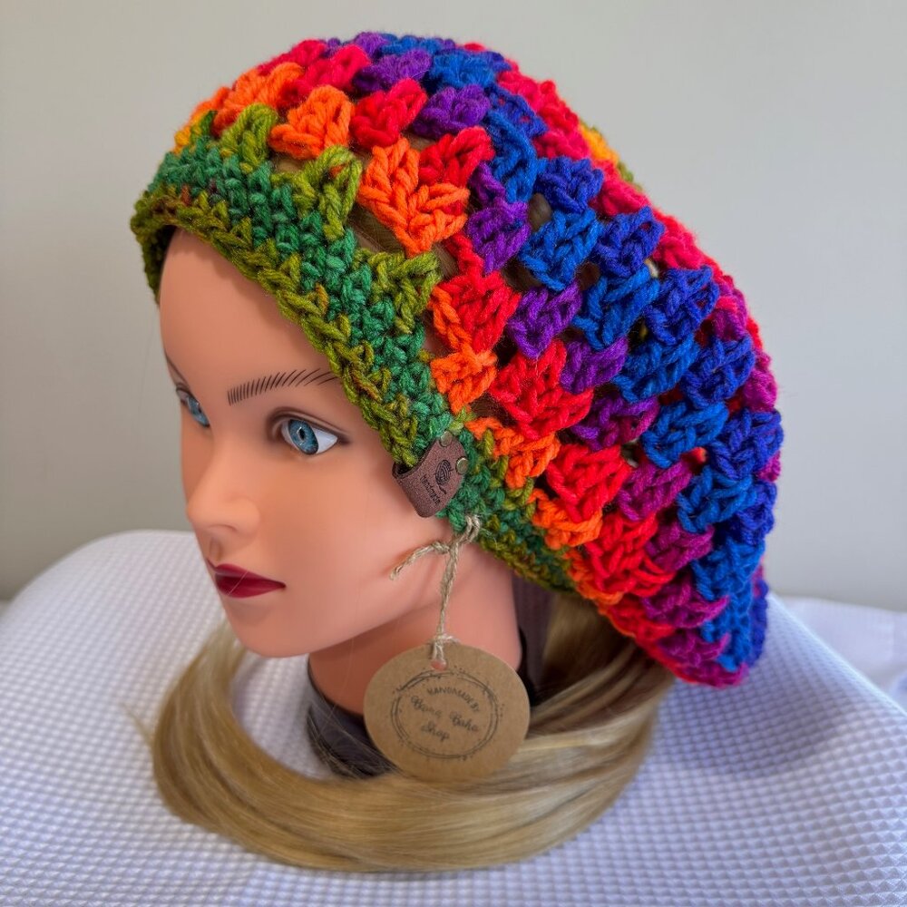 HANDCRAFTED Crochet Rainbow Mandala Slouch Beanie Beret Hat - Picture 2 of 6